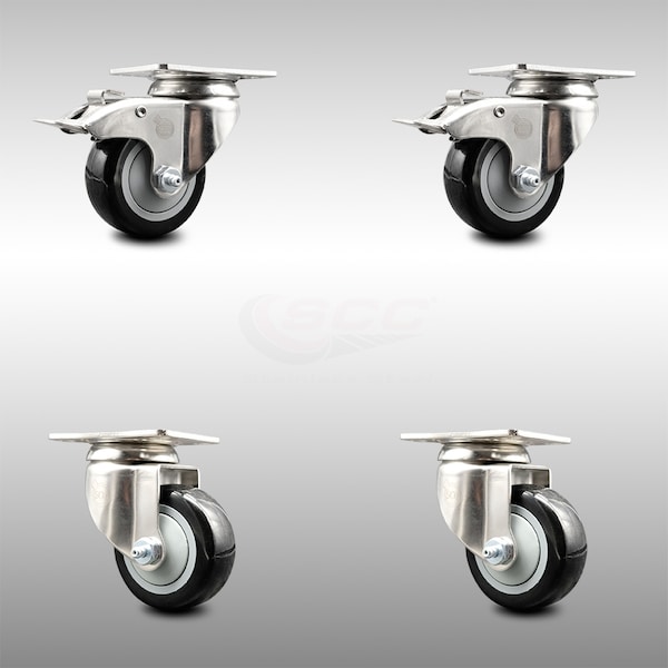 Service Caster 3 Inch 316SS Black Polyurethane Wheel Swivel Top Plate Caster Lock Brakes, 2PK SCC-SS316TTL20S314-PPUB-BLK-2-S-2 - main